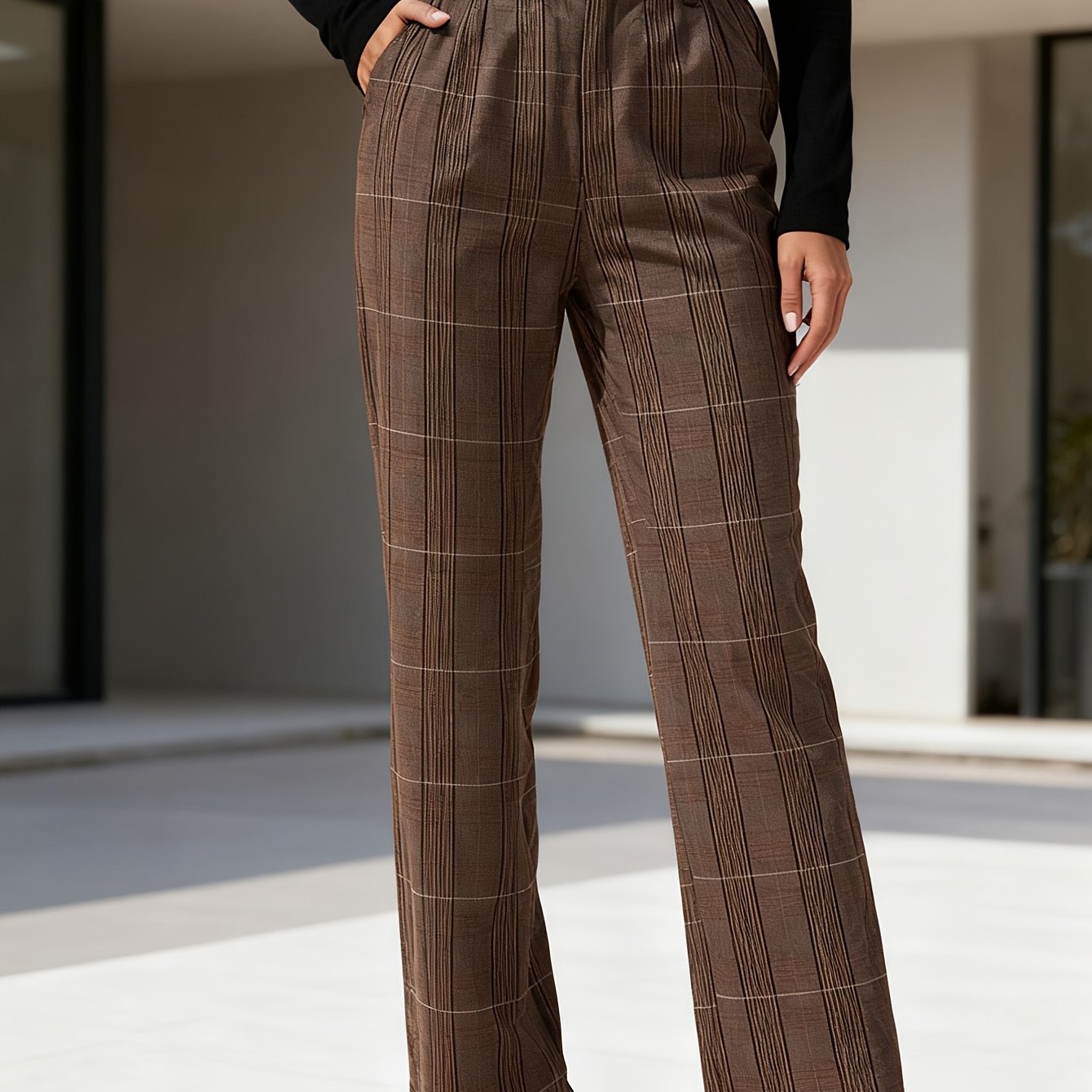 Pants Women Straight-Leg High-Rise Plaid Pattern