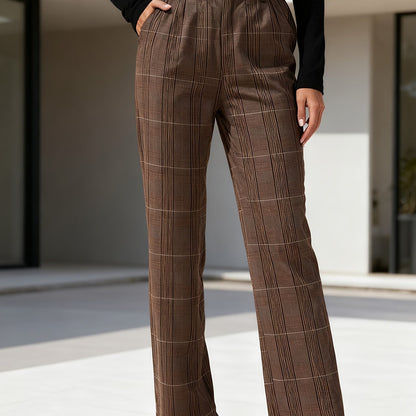 Pants Women Straight-Leg High-Rise Plaid Pattern