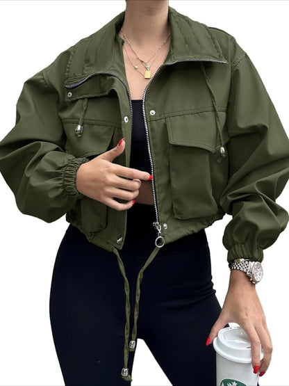 Jacket Women Cropped Utility Bomber Jacket with Pockets