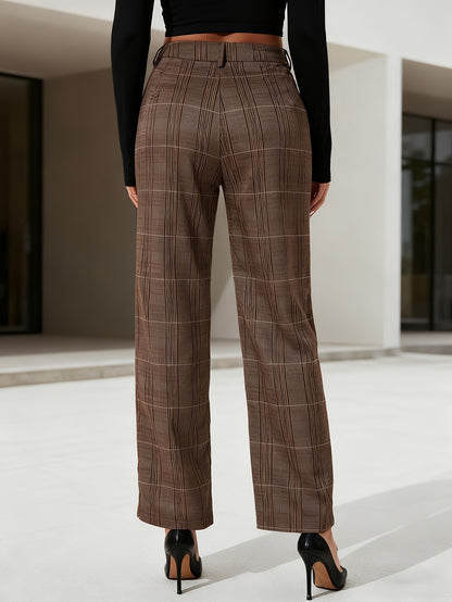 Pants Women Straight-Leg High-Rise Plaid Pattern