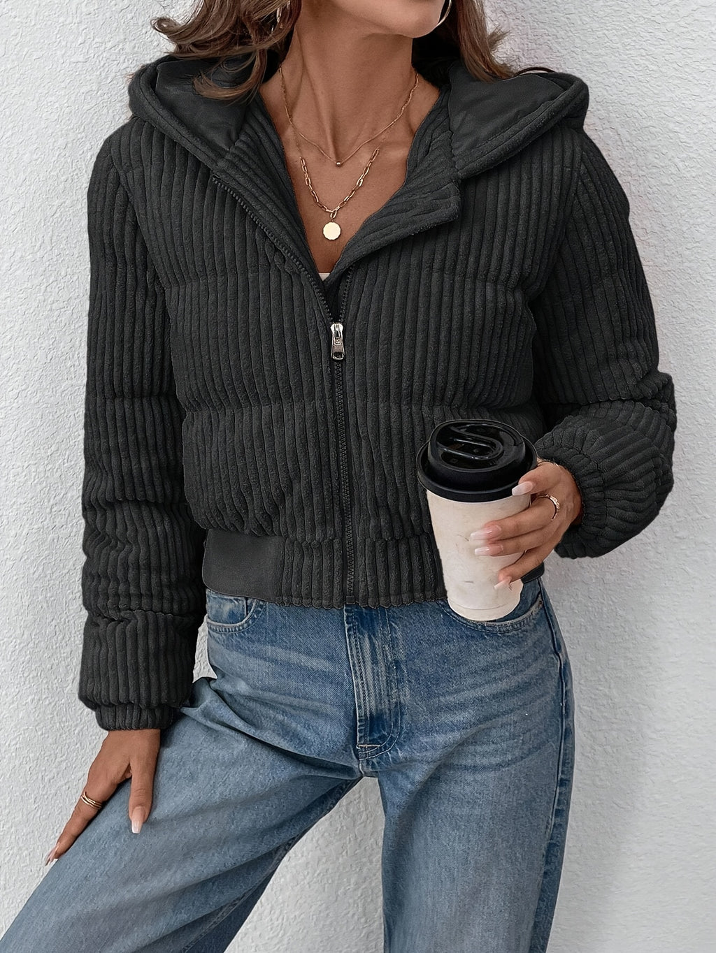 Jacket Women Padded Cropped Hooded Jacket with Zip Closure