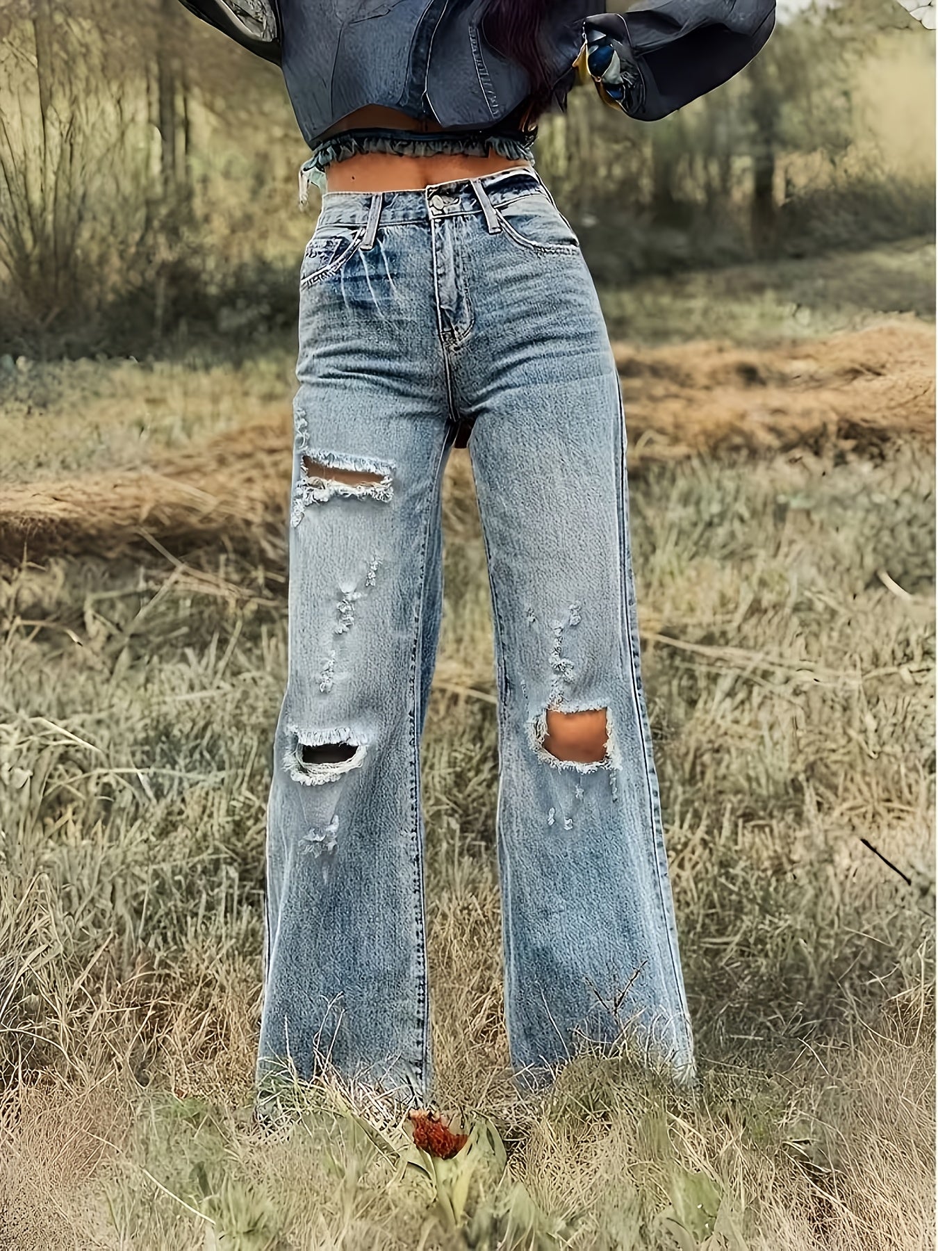 Jeans Women Wide-Leg High-Rise Distressed Style