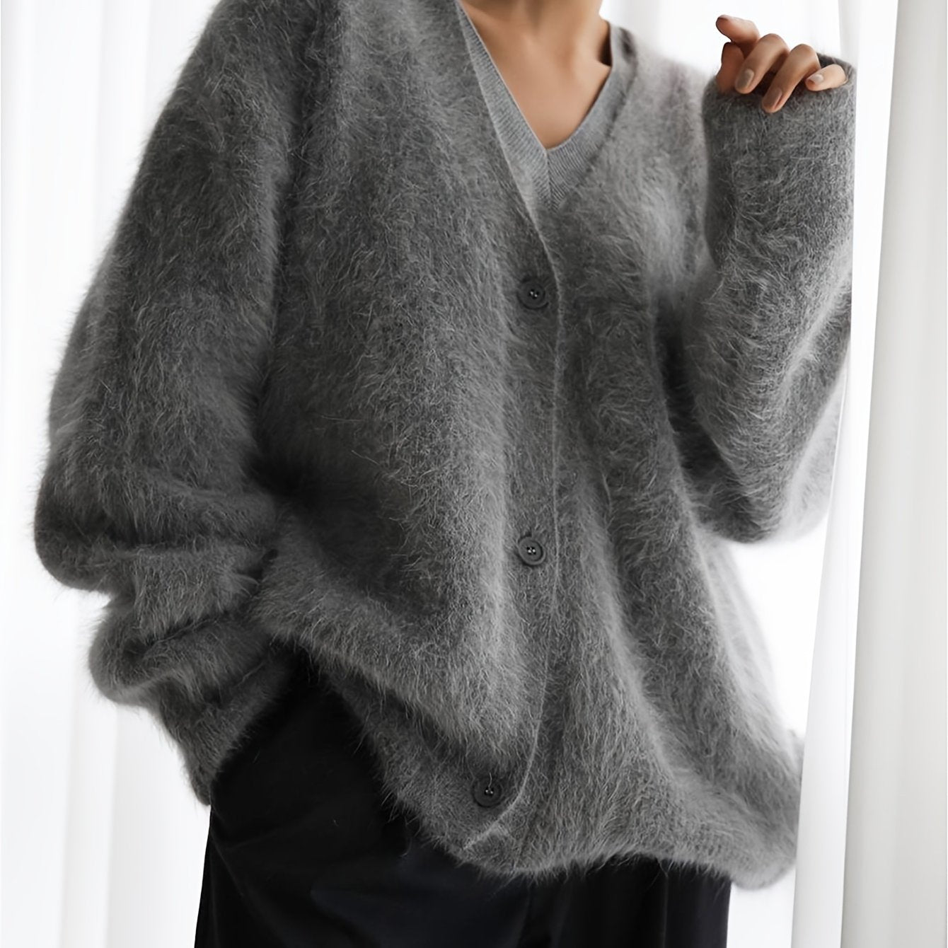 Sweater Women Oversized Off-Shoulder Fuzzy Button Design