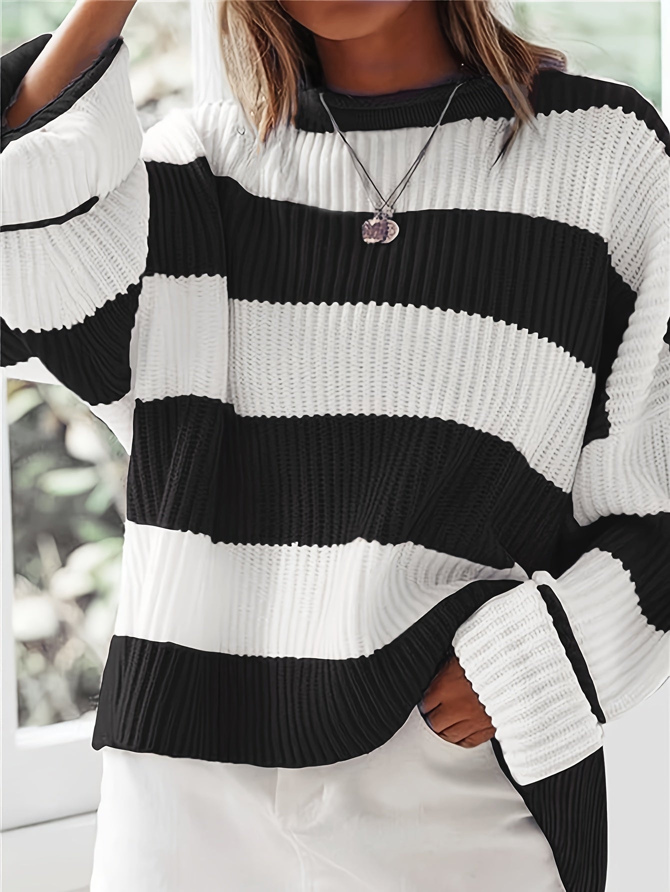 Sweater Women Striped Crew Neck Oversized Fit