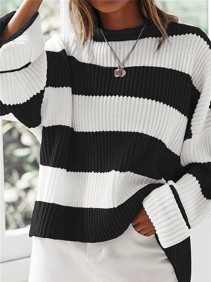 Sweater Women Striped Crew Neck Oversized Fit