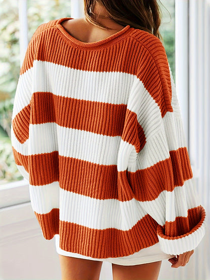 Sweater Women Striped Crew Neck Oversized Fit