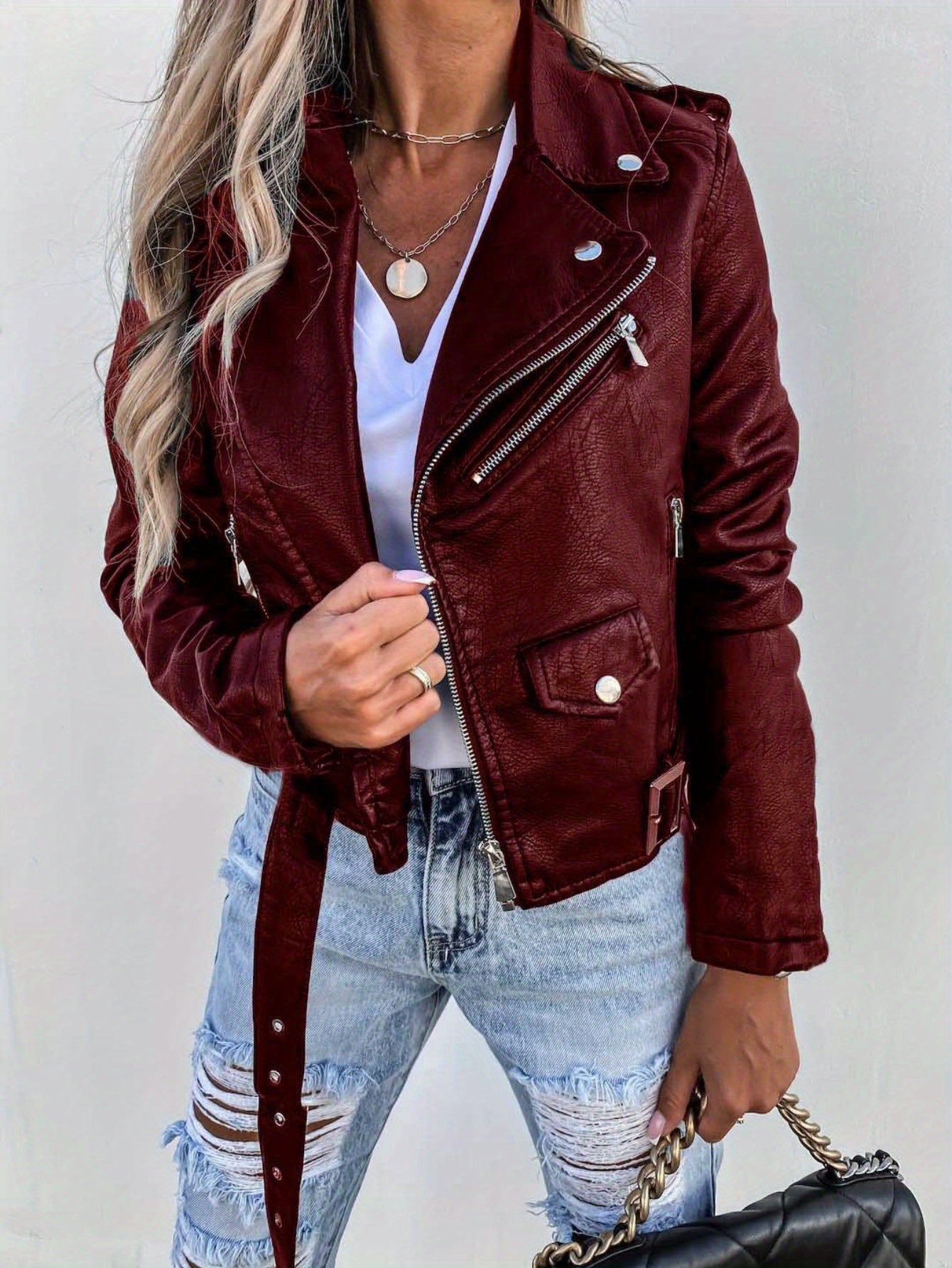 Jacket Women Cropped Biker with Zipper & Buckle Details