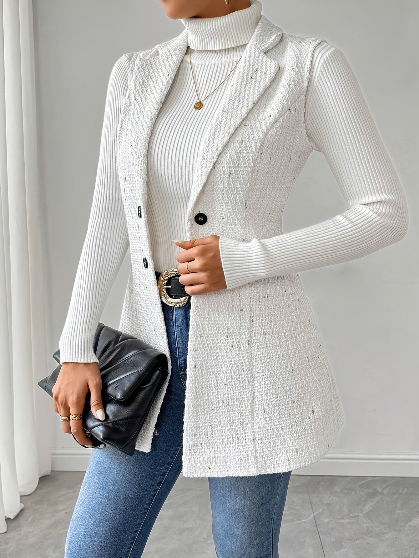 Blazer Women’s Tailored Button-Front Mid-Thigh Blazer