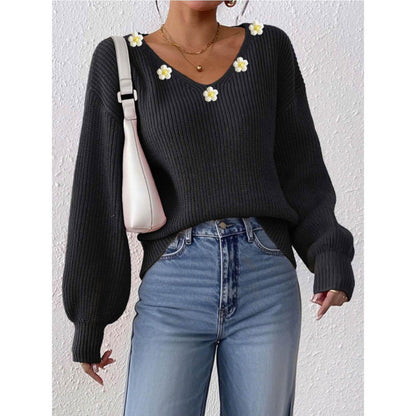 Sweater Women Oversized V-Neck Flower Detail