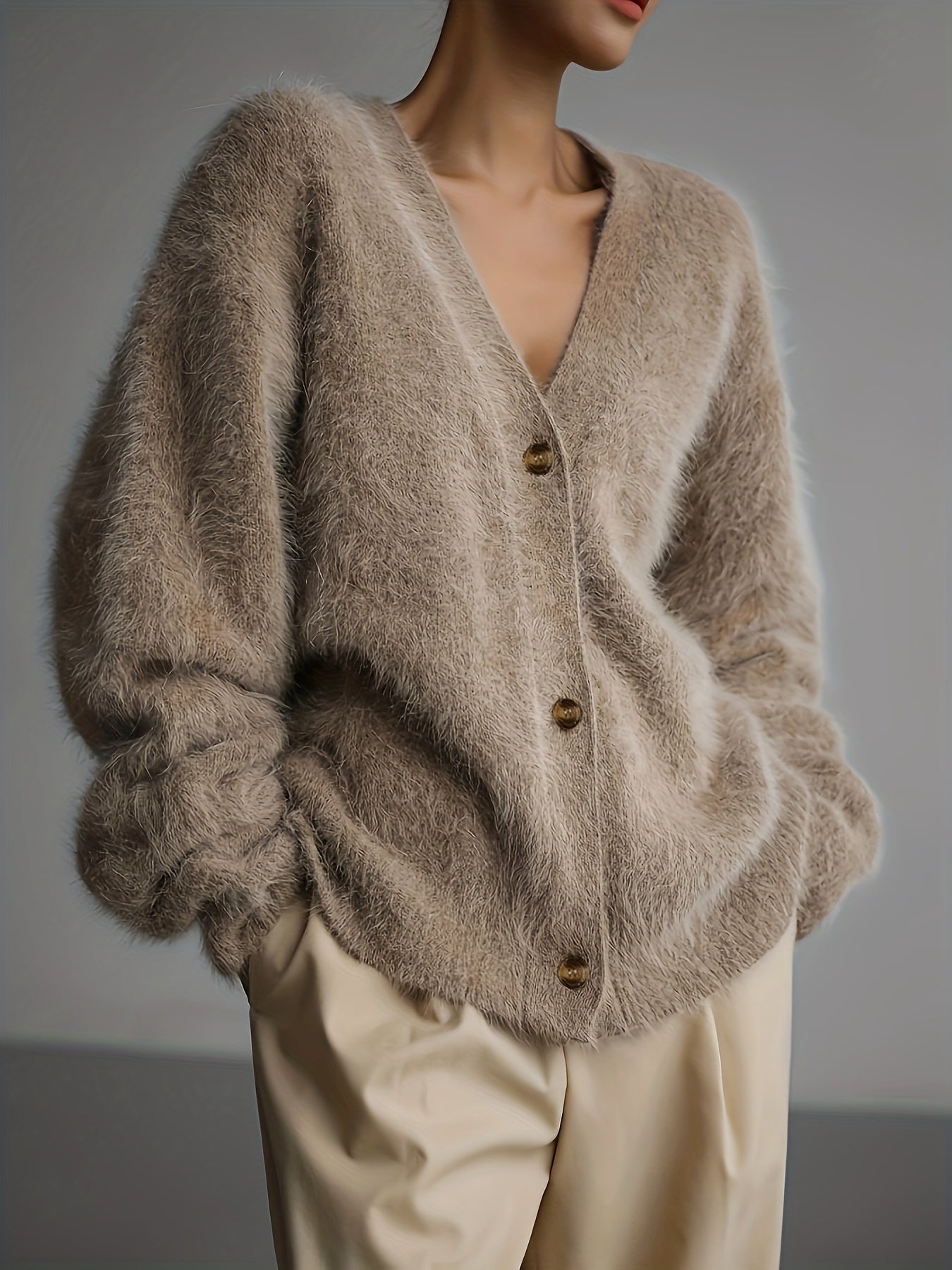 Sweater Women Oversized Off-Shoulder Fuzzy Button Design