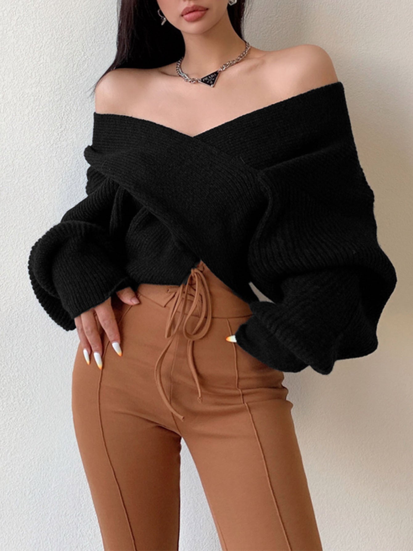 Sweater Women Oversized Off-Shoulder Wrap Design