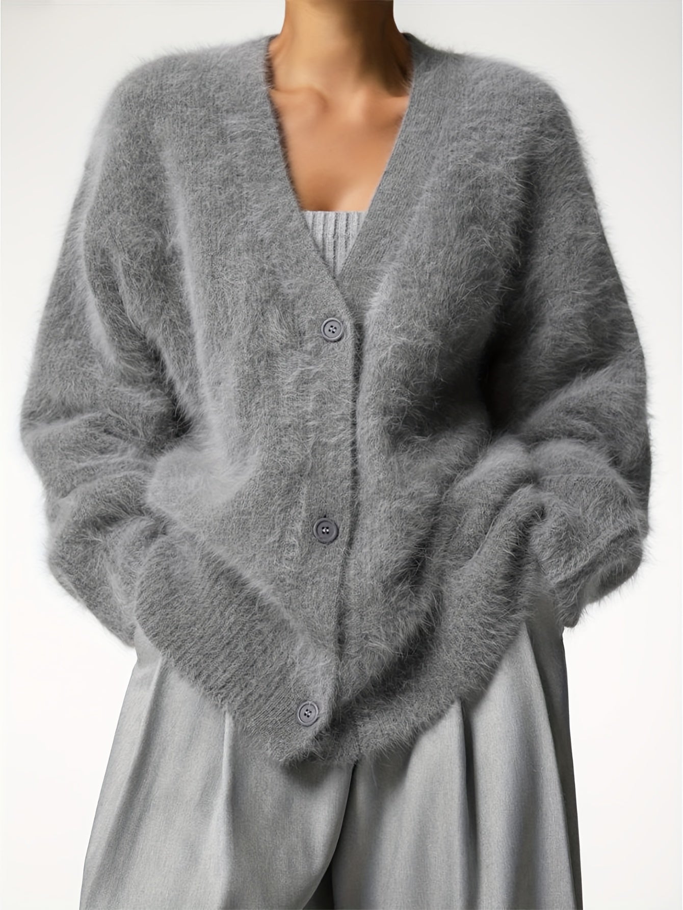 Sweater Women Oversized Off-Shoulder Fuzzy Button Design