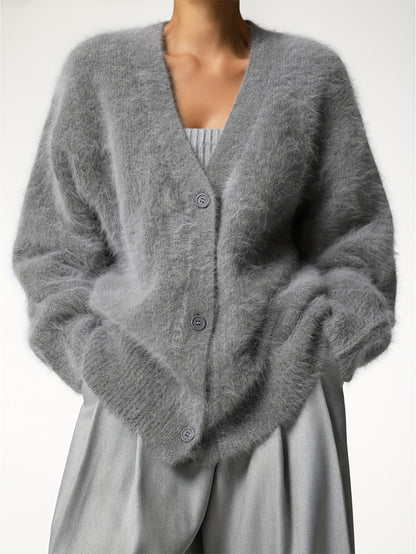 Sweater Women Oversized Off-Shoulder Fuzzy Button Design
