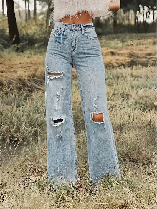 Jeans Women Wide-Leg High-Rise Distressed Style