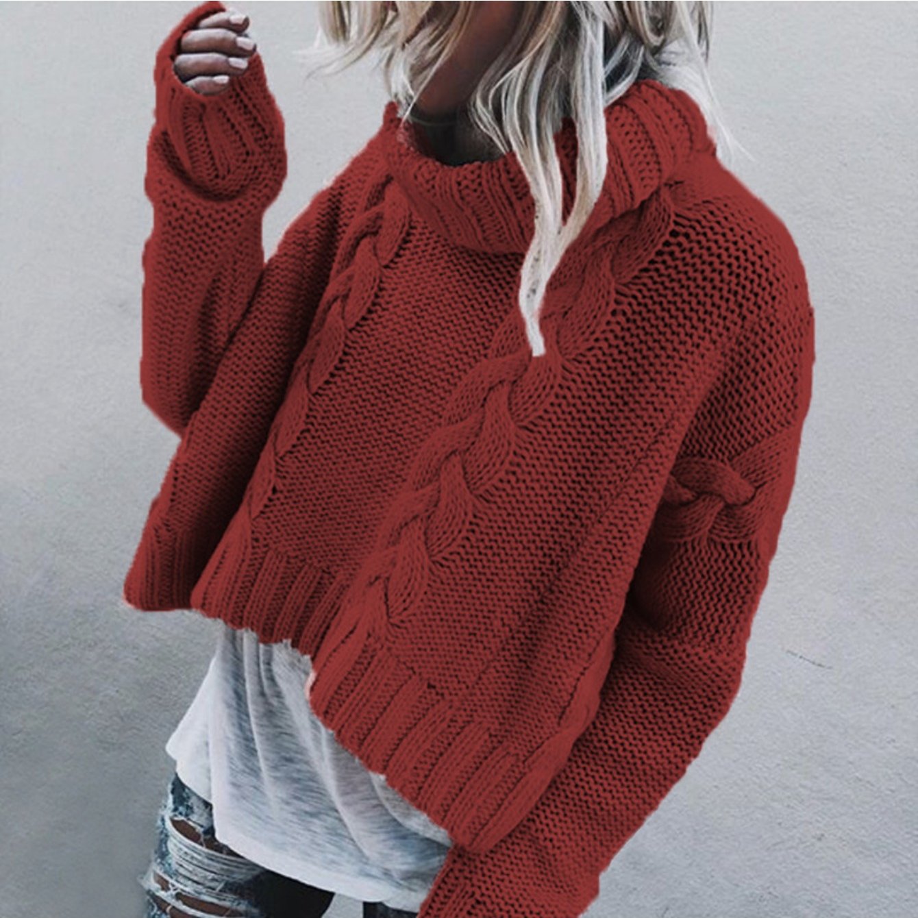 Sweater Women Cable Knit Cropped Turtleneck Style