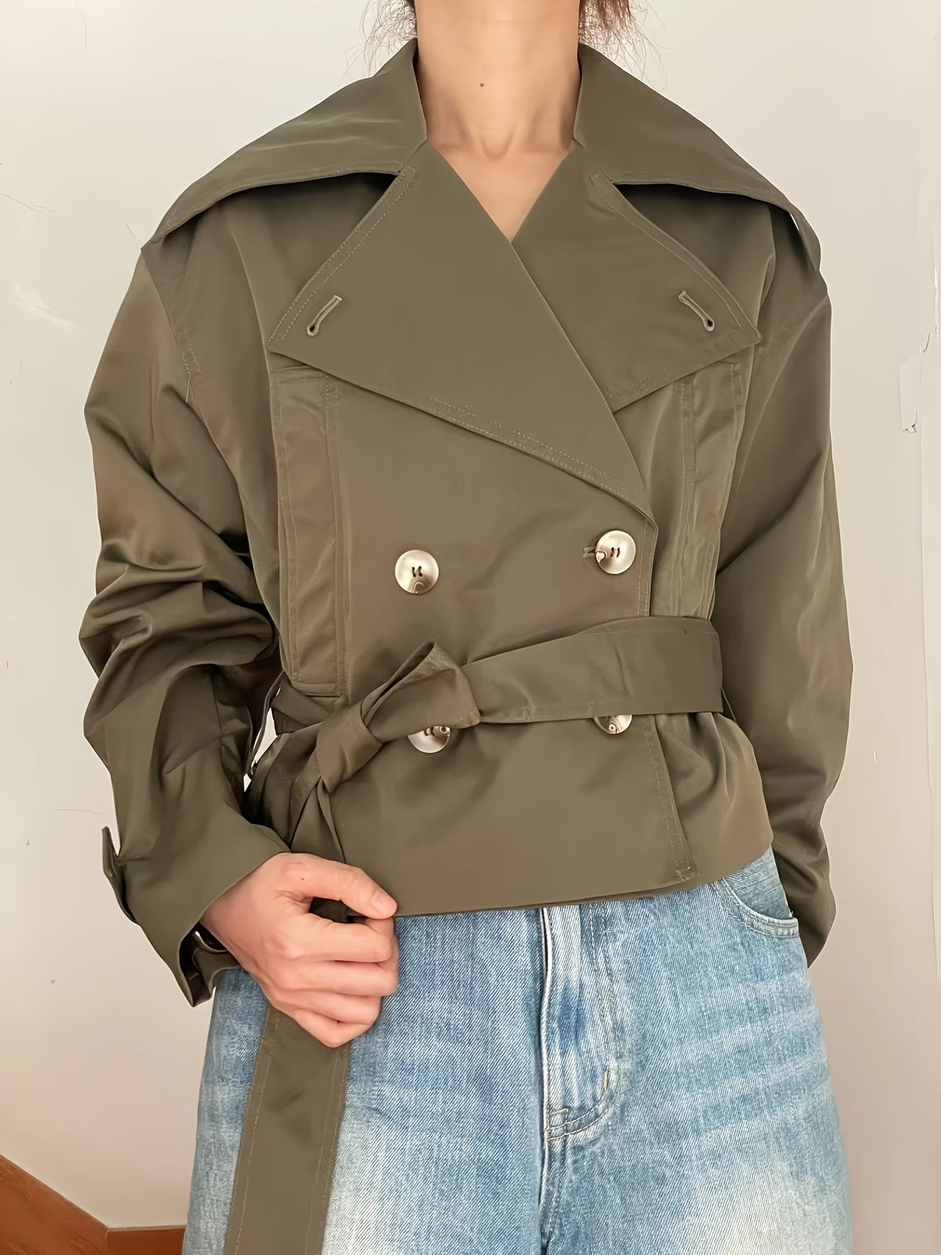 Trench Coat Women Cropped Double-Breasted Outerwear