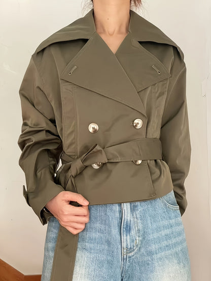 Trench Coat Women Cropped Double-Breasted Outerwear