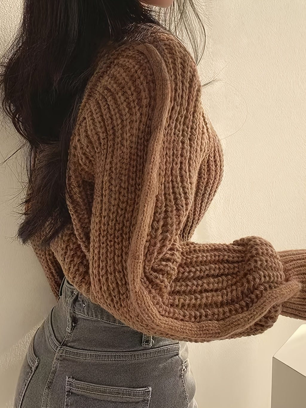 Sweater Women Ribbed Knit Cropped Crew Neck