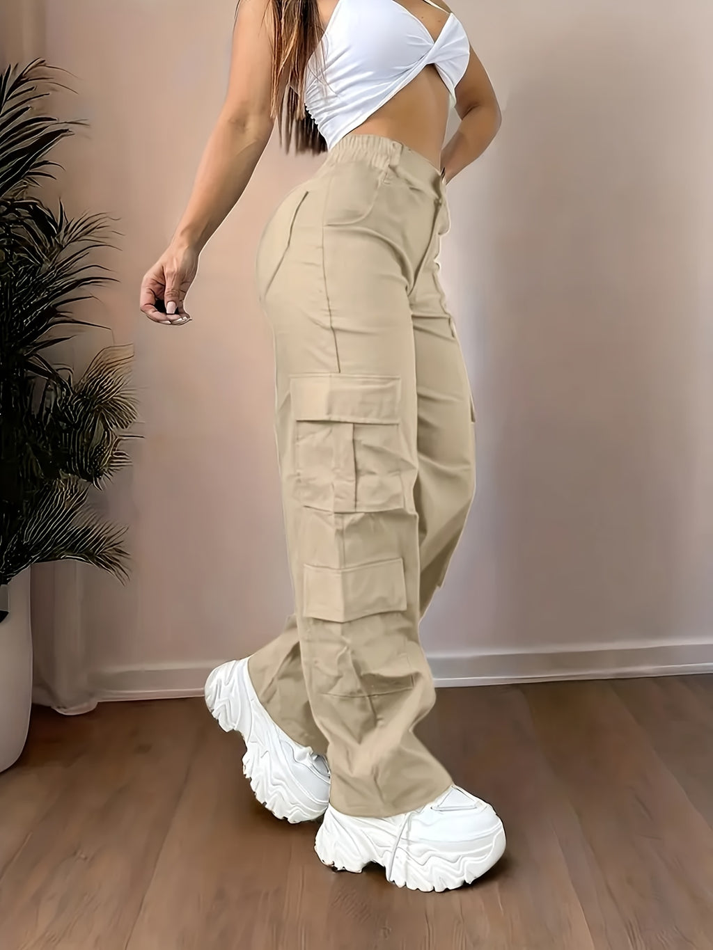 Cargo Pants Women High-Rise Straight-Leg with Pockets