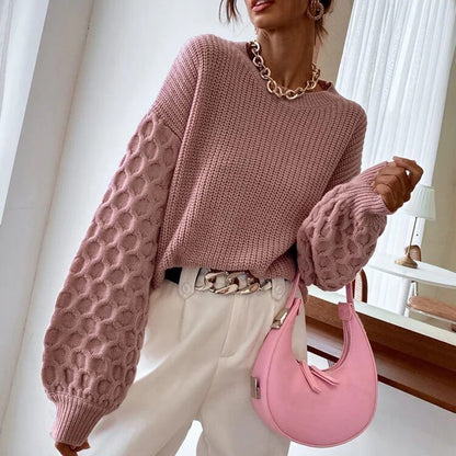 Sweater Women Textured Knit Crew Neck Balloon Sleeve