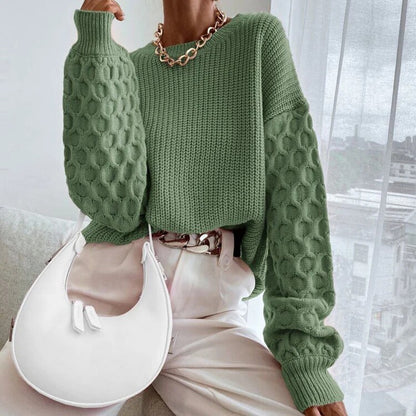 Sweater Women Textured Knit Crew Neck Balloon Sleeve