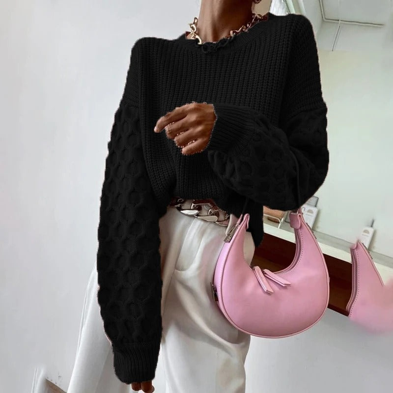 Sweater Women Textured Knit Crew Neck Balloon Sleeve