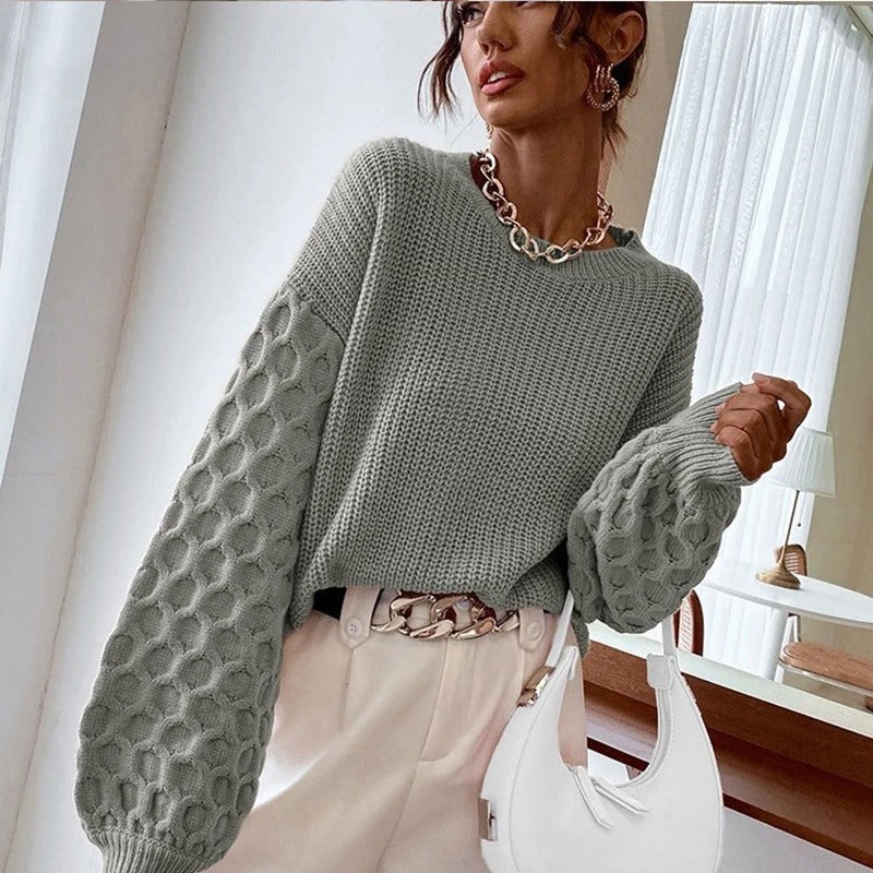 Sweater Women Textured Knit Crew Neck Balloon Sleeve
