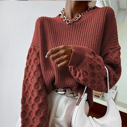 Sweater Women Textured Knit Crew Neck Balloon Sleeve