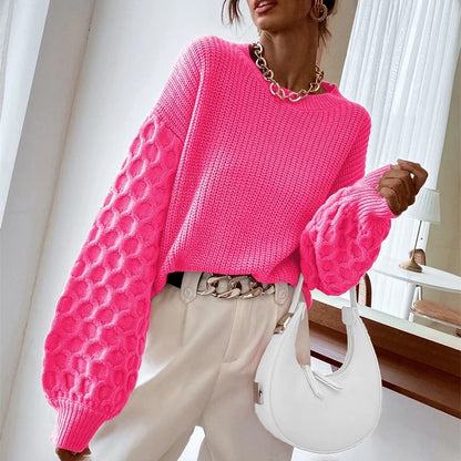 Sweater Women Textured Knit Crew Neck Balloon Sleeve